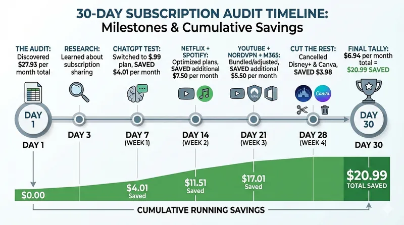 30-day subscription audit timeline showing weekly milestones and cumulative savings