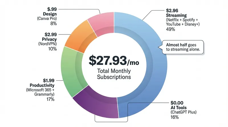 Monthly subscription spending breakdown by category showing streaming at 49 percent